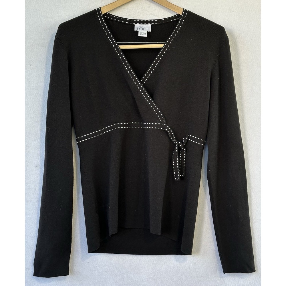 LOFT V Neck Faux Wrap Sweater Womens Medium Black Excellent
